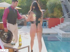 Angela White takes his hand and leads him away from pool gif