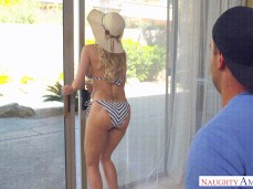 Wife in bikini Brandi Love closing sliding door gif