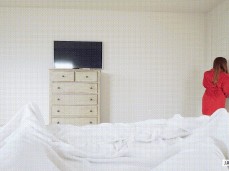 Dani Jensen in red robe comes in your room gif