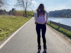 Hot skater girl Alexis Crystal flashes her ass while skating gif