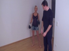 Boxing blonde mixing in a side kick to the nuts gif