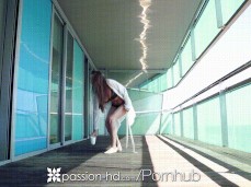 Connie Carter in open robe, bra and panties goes in from hotel balcony gif