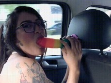 MadeleineMorales sucks dildo in uber backseat gif