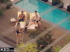 Thong bikini babe joining her friends poolside gif