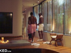 Ella Hughes undresses and leads two  studs towards bedroom 02 gif