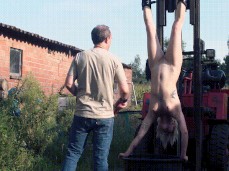 Cuntbusting whips to a  in bondage upside down gif