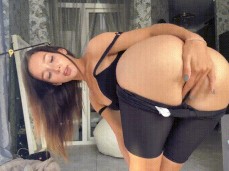 babe bent over, turn back, look at , showing off big perfect waggle butt gif