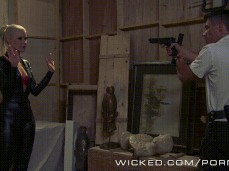 Security guard catches hot blonde in leather catsuit gif