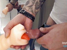 RISKY PUBLIC BLOWJOB IN THE FITTING ROOM WITH MY CYBER PUSSY AND HUGE LOAD gif