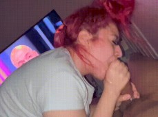 Red haired amateur gives two handed sloppy toppy to BBC gif
