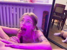 Cute glasses  admiring and sucking hard on cock eye contact blowjob gif