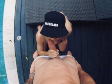 Slutty gf gives boyfriend skillful blowjob slapping his cock on her tongue gif