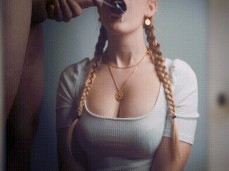 jerked off thick cum on her mouth - clothedpleasures gif