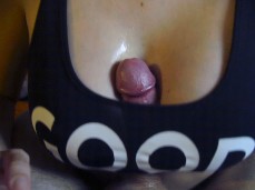 Titjob cumshot on her big clothed tits gif