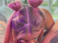 Pretty Pink Haired Girl Giving Sloppy Blowjob gif