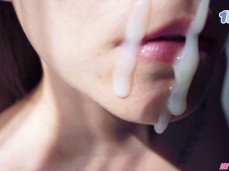 Cum face closeup of a cute brunette after getting sticky gooey facial gif