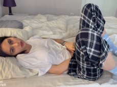 Brunette masturbating in her PJs gif