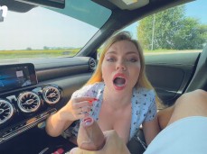 Sexy Milf Blonde With Big Tits Takes A Load in Mouth Nice In Car BJ gif
