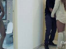 Husband jacks off as wife is fingered near the door gif