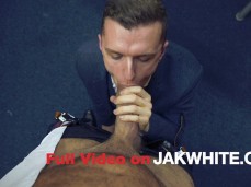 Buff British lad getting his massive uncut cock sucked in the office gif