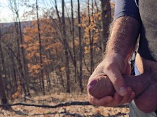 Hiker got horny in the woods, stroked his uncut dick, and emptied his balls gif