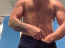 Bearded, blonde, beefy muscle hunk briefly jerks his uncut cock in public gif