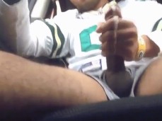 Fit, horny jock strokes his big, uncut cock and cums a lot while driving gif