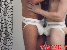 Hot-chested coach Ace Banner & hung jock kiss rubbing jockstrap bulges 0307 gif