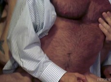 Buff, bald, bearded, hairy, hot Matt Stevens enjoys riding James Hamilton gif