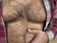 Only the boss is there today; his shirt is open, and he touches himself gif