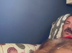 Fit mustache daddy cums hard on his hairy chest & stomach, looking at you gif
