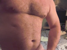 Stocky, beefy, hairy-chested, horny daddy bear strokes his hot cock 0321-1 gif