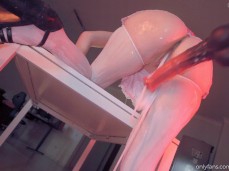 Creamy Spot in high heels and stockings gets fucked to creampie orgasm gif
