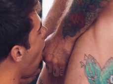 Joey Mills gets fit, hairy, inked Troy Daniels's big, uncut cock 0454 10 gif