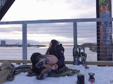public dildo in snow bridge gif