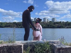 Kinky pregnant puppy slut is publicly disgraced by the pier | Lily Corinth gif