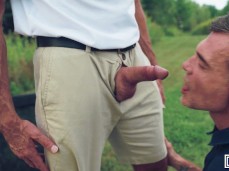 Dick Dawson sucks mature, muscular Dallas Steele on the golf course 0120 10 gif