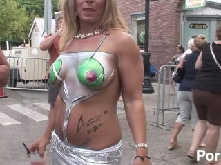 busty, group, body paint, outside