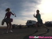 Preview 3 of Girls Out West - Cute amateur lesbians touching their hairy cunts outdoors