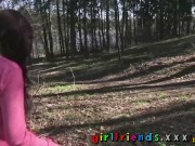 Preview 1 of Girlfriends in yoga pants go out in public and fuck in the woods