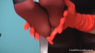 Leggy blonde MILF LilyWOW in thin black nylon stockings