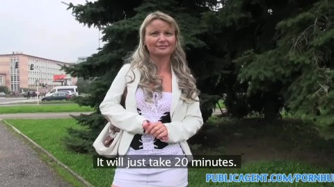PublicAgent Blonde MILF is tricked into sex outdoors for cash