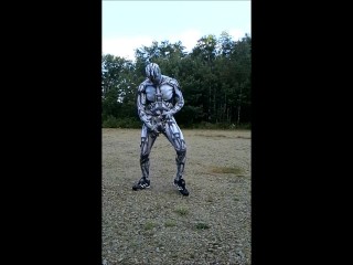 Spandex Android Jerking off inside Spandex Outdoors