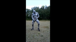 Spandex android jerking off inside spandex outdoors