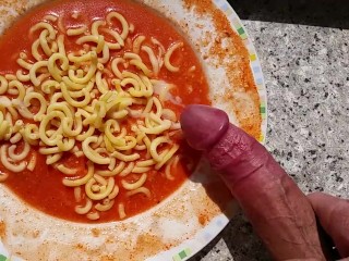 Rock Hard Cock Cums on Pasta !!!