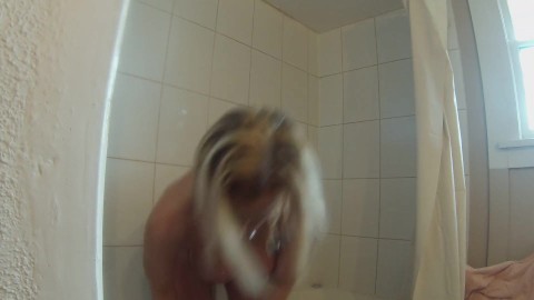 Lotioning my tits and using my barbell dildo in the shower to get 4 orgasms