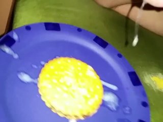 Self Handjob - Cum on Food - Cookie Cumshot +Slo-Mo