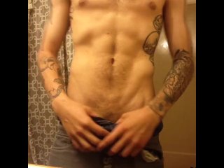 shower masturbation, solo male, tattoo, cum