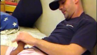 Delivery guy (hetero) gets wanked his huge cock by a client for money!