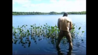 fishnet pantyhose jerk off in lake